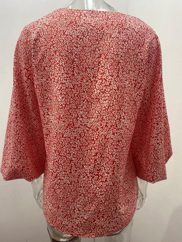 V-neck casual shirt printed lantern sleeve top women's clothing - 808Lush