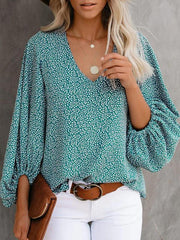 V-neck casual shirt printed lantern sleeve top women's clothing - 808Lush