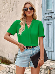 V-neck fashion solid color fresh loose short-sleeved top - 808Lush
