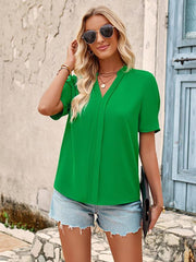 V-neck fashion solid color fresh loose short-sleeved top - 808Lush