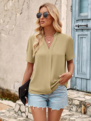 V-neck fashion solid color fresh loose short-sleeved top - 808Lush