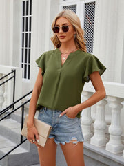 V-neck flying sleeve solid color short-sleeved chiffon loose top - 808Lush