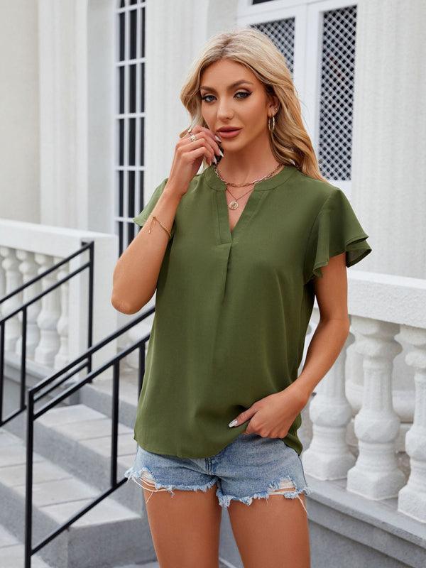 V-neck flying sleeve solid color short-sleeved chiffon loose top - 808Lush