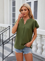 V-neck flying sleeve solid color short-sleeved chiffon loose top - 808Lush