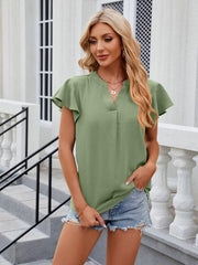 V-neck flying sleeve solid color short-sleeved chiffon loose top - 808Lush