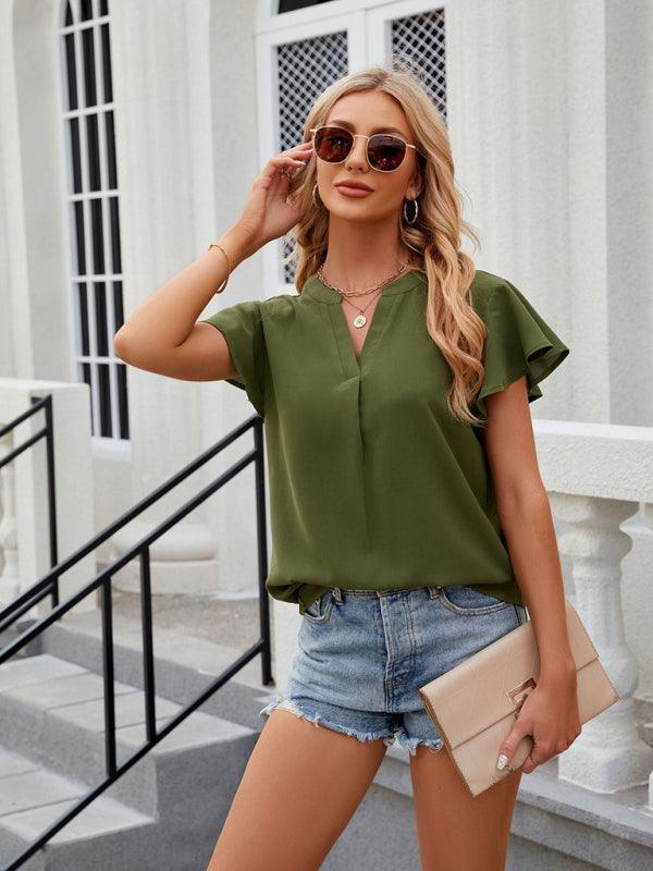 V-neck flying sleeve solid color short-sleeved chiffon loose top - 808Lush