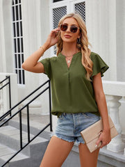V-neck flying sleeve solid color short-sleeved chiffon loose top - 808Lush