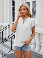 V-neck flying sleeve solid color short-sleeved chiffon loose top - 808Lush