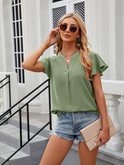 V-neck flying sleeve solid color short-sleeved chiffon loose top - 808Lush