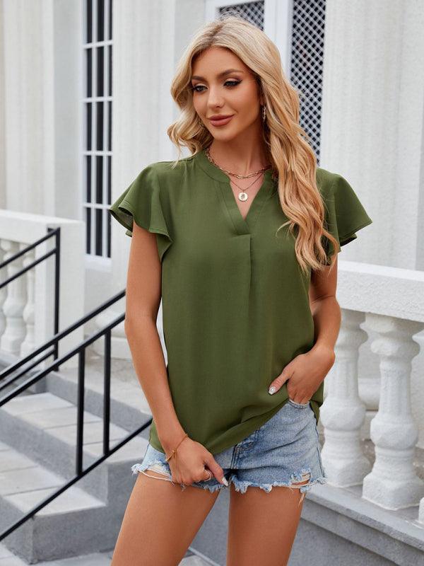 V-neck flying sleeve solid color short-sleeved chiffon loose top - 808Lush