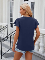 V-neck flying sleeve solid color short-sleeved chiffon loose top - 808Lush