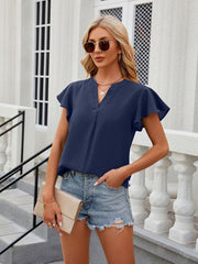 V-neck flying sleeve solid color short-sleeved chiffon loose top - 808Lush