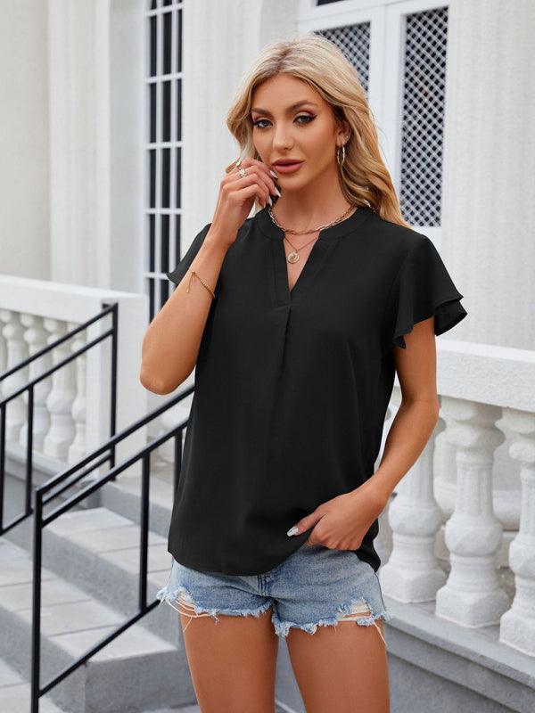 V-neck flying sleeve solid color short-sleeved chiffon loose top - 808Lush