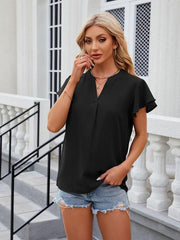 V-neck flying sleeve solid color short-sleeved chiffon loose top - 808Lush