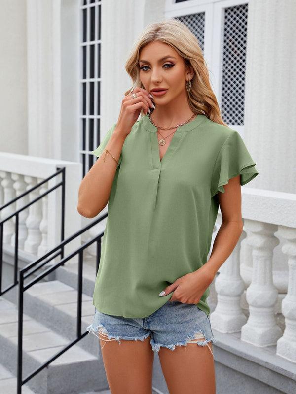 V-neck flying sleeve solid color short-sleeved chiffon loose top - 808Lush