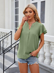 V-neck flying sleeve solid color short-sleeved chiffon loose top - 808Lush