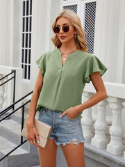 V-neck flying sleeve solid color short-sleeved chiffon loose top - 808Lush