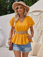 V-neck ruffled solid color short-sleeved waist top - 808Lush
