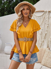 V-neck ruffled solid color short-sleeved waist top - 808Lush