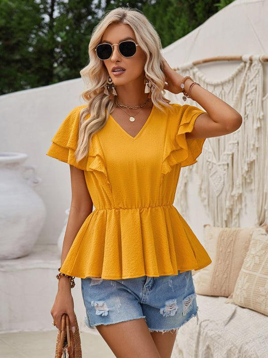 V-neck ruffled solid color short-sleeved waist top - 808Lush