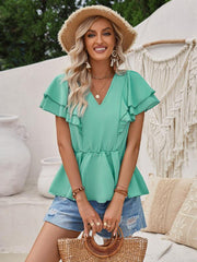 V-neck ruffled solid color short-sleeved waist top - 808Lush
