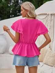 V-neck ruffled solid color short-sleeved waist top - 808Lush