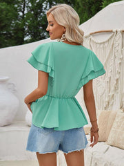 V-neck ruffled solid color short-sleeved waist top - 808Lush
