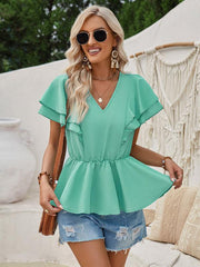V-neck ruffled solid color short-sleeved waist top - 808Lush