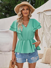 V-neck ruffled solid color short-sleeved waist top - 808Lush