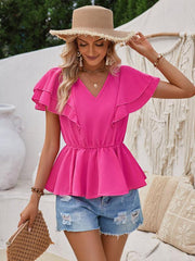 V-neck ruffled solid color short-sleeved waist top - 808Lush