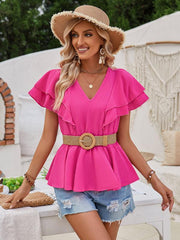 V-neck ruffled solid color short-sleeved waist top - 808Lush