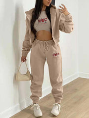 Valentine's Day Christmas love wine glass printed hooded sports and leisure suit (three-piece set) - 808Lush