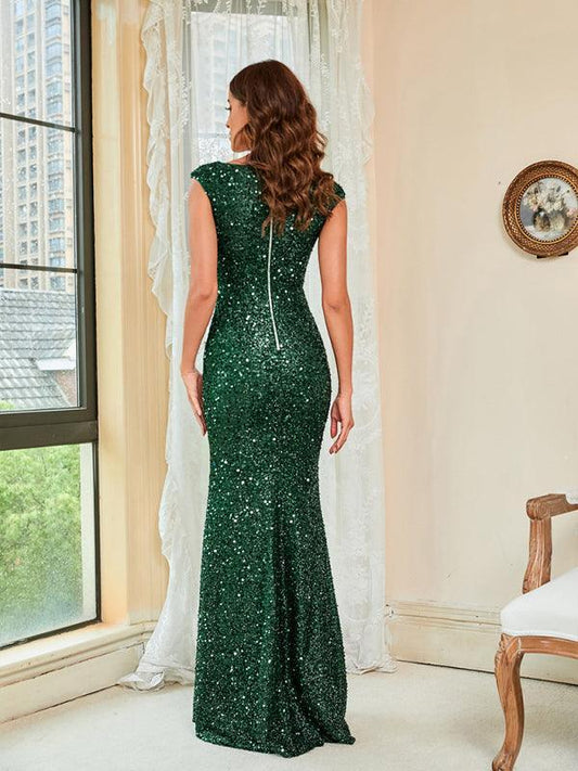 Woman'S Sequin Temperament Green Sling Mid Waist Party Long Floor Dress - 808Lush
