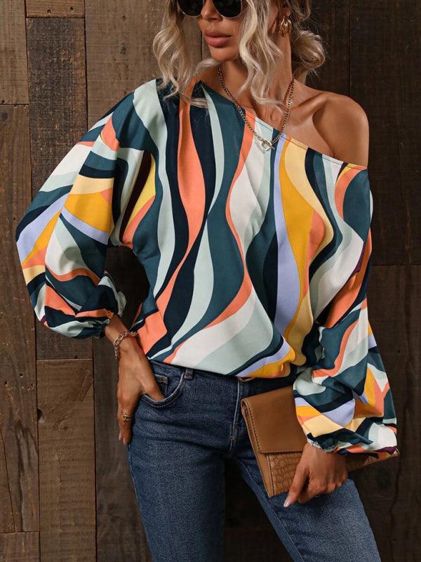 Women's Alphabet Print One Shoulder Loose Balloon Sleeve Top - 808Lush