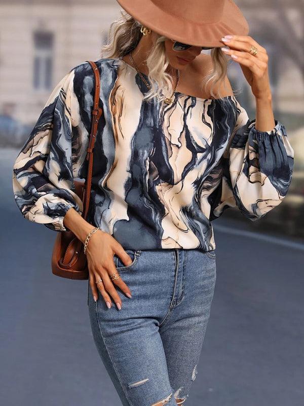 Women's Alphabet Print One Shoulder Loose Balloon Sleeve Top - 808Lush