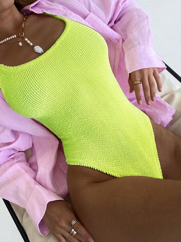 Women's Candy Color Fluorescent Pleated Fabric One-Piece Swimsuit - 808Lush