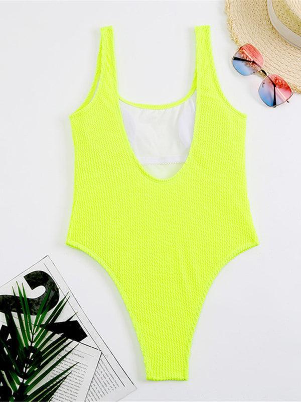 Women's Candy Color Fluorescent Pleated Fabric One-Piece Swimsuit - 808Lush