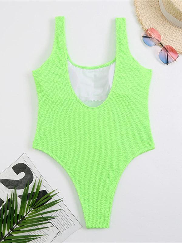 Women's Candy Color Fluorescent Pleated Fabric One-Piece Swimsuit - 808Lush