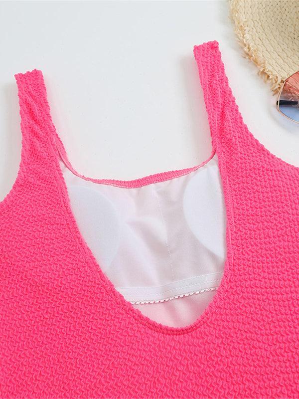 Women's Candy Color Fluorescent Pleated Fabric One-Piece Swimsuit - 808Lush