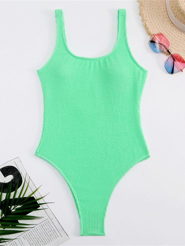 Women's Candy Color Fluorescent Pleated Fabric One-Piece Swimsuit - 808Lush
