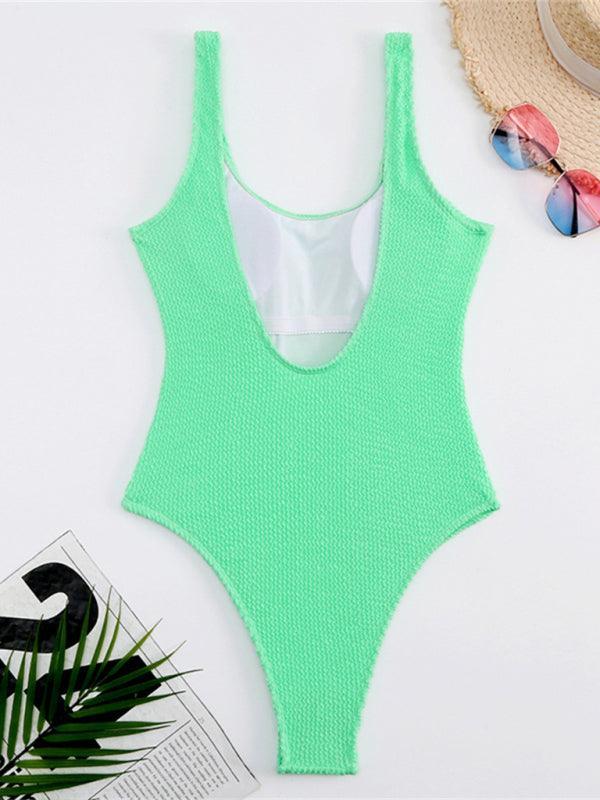 Women's Candy Color Fluorescent Pleated Fabric One-Piece Swimsuit - 808Lush