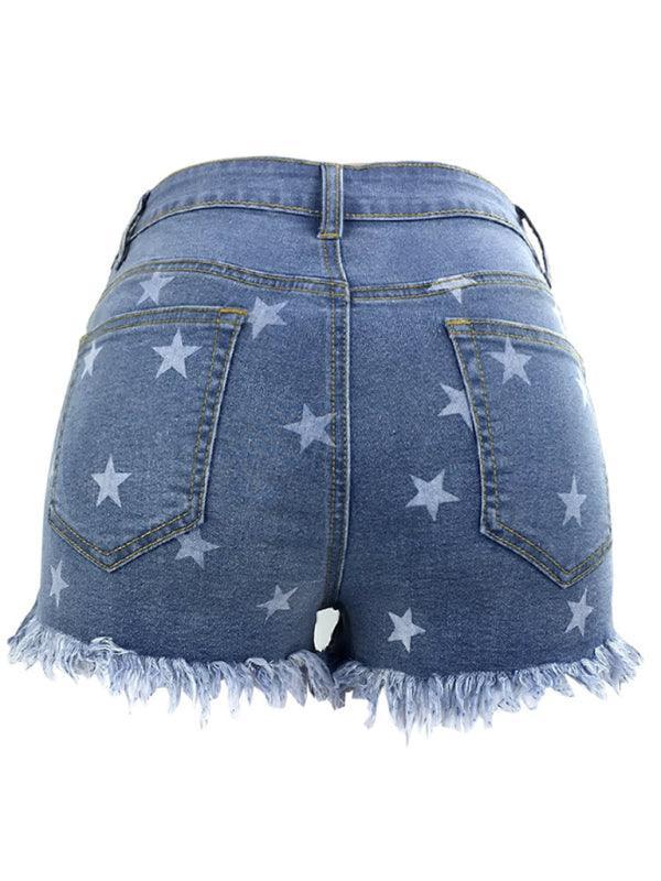 Women's Casual Fringe Pentagram Print High Waist Denim Shorts - 808Lush
