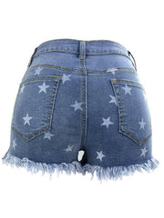 Women's Casual Fringe Pentagram Print High Waist Denim Shorts - 808Lush