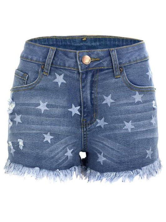 Women's Casual Fringe Pentagram Print High Waist Denim Shorts - 808Lush