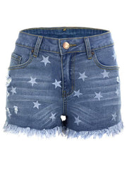 Women's Casual Fringe Pentagram Print High Waist Denim Shorts - 808Lush