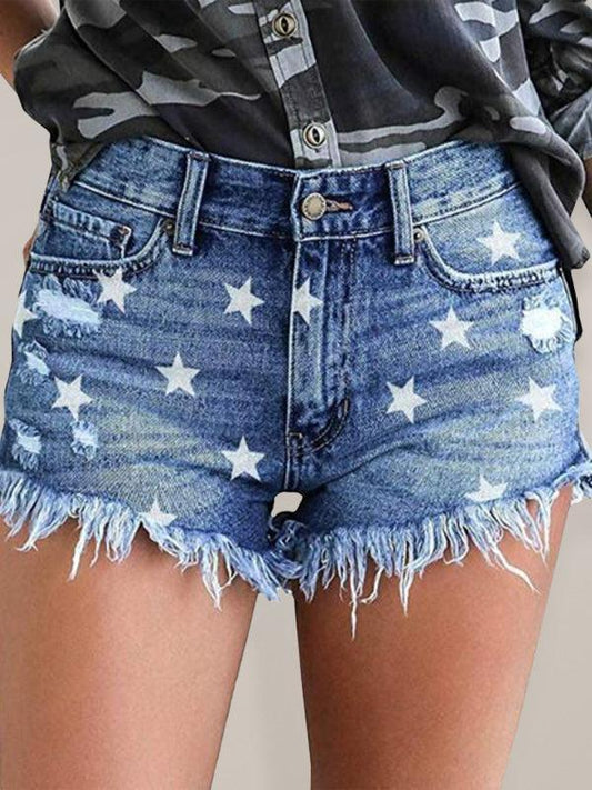 Women's Casual Fringe Pentagram Print High Waist Denim Shorts - 808Lush