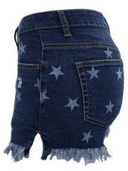Women's Casual Fringe Pentagram Print High Waist Denim Shorts - 808Lush