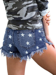 Women's Casual Fringe Pentagram Print High Waist Denim Shorts - 808Lush