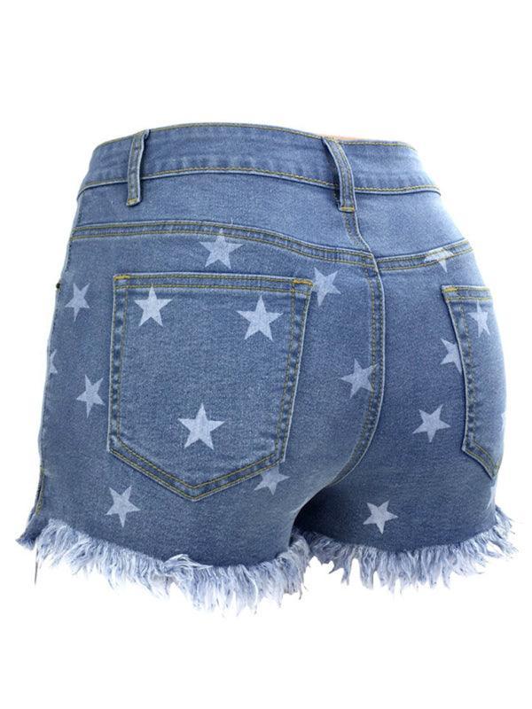 Women's Casual Fringe Pentagram Print High Waist Denim Shorts - 808Lush