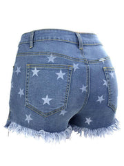 Women's Casual Fringe Pentagram Print High Waist Denim Shorts - 808Lush